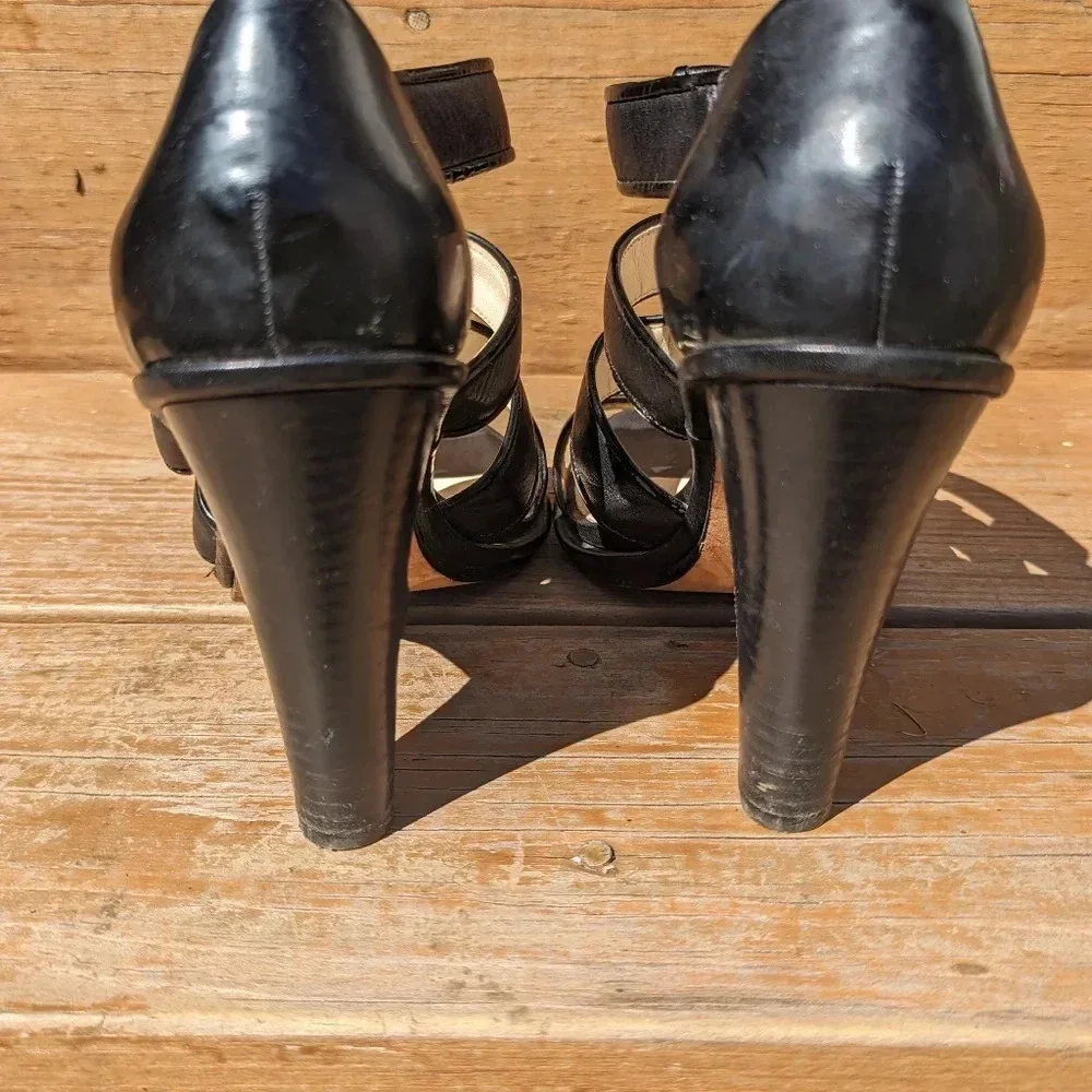 Coach Tamarah Black Leather Turn Lock Stacked Heels Women's Sandals